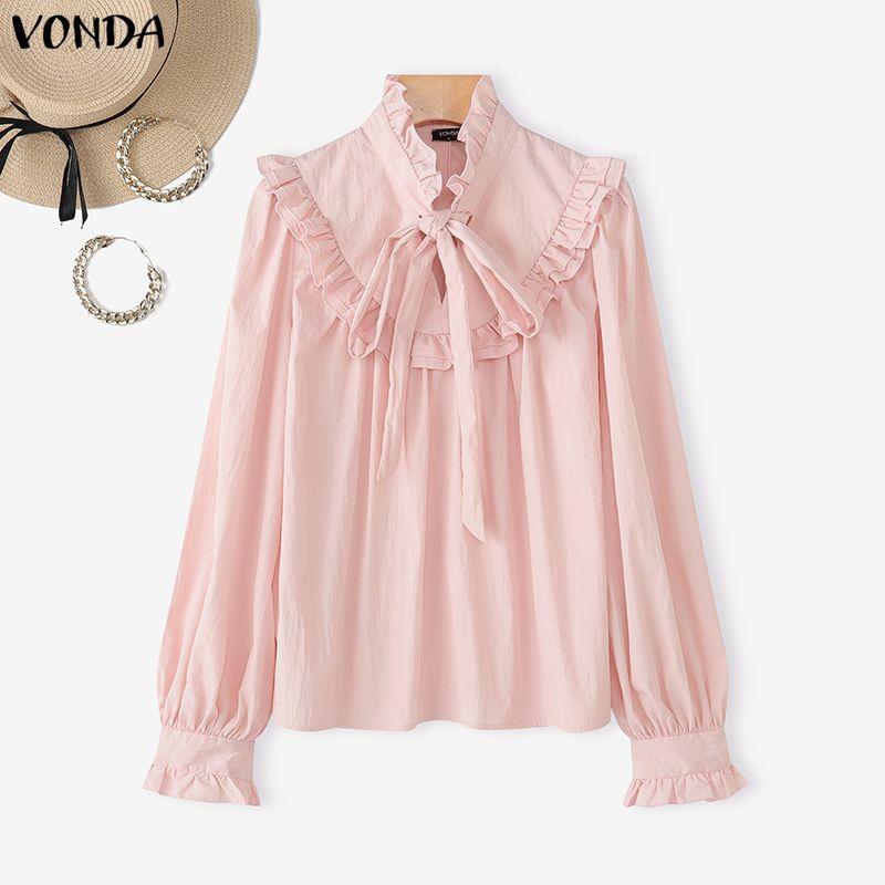 VONDA Elegant Women Bows Tie Ruffled Loose Casual Long Sleeve Blouse
