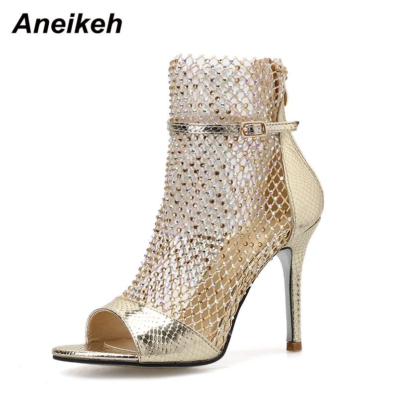 Fashion Aneikeh Fashion Spring Gold Glitter Rhinestone Mesh Ankle Sandals Boots High Heels Sexy Booties Peep-toe Pumps Lady Party Shoes