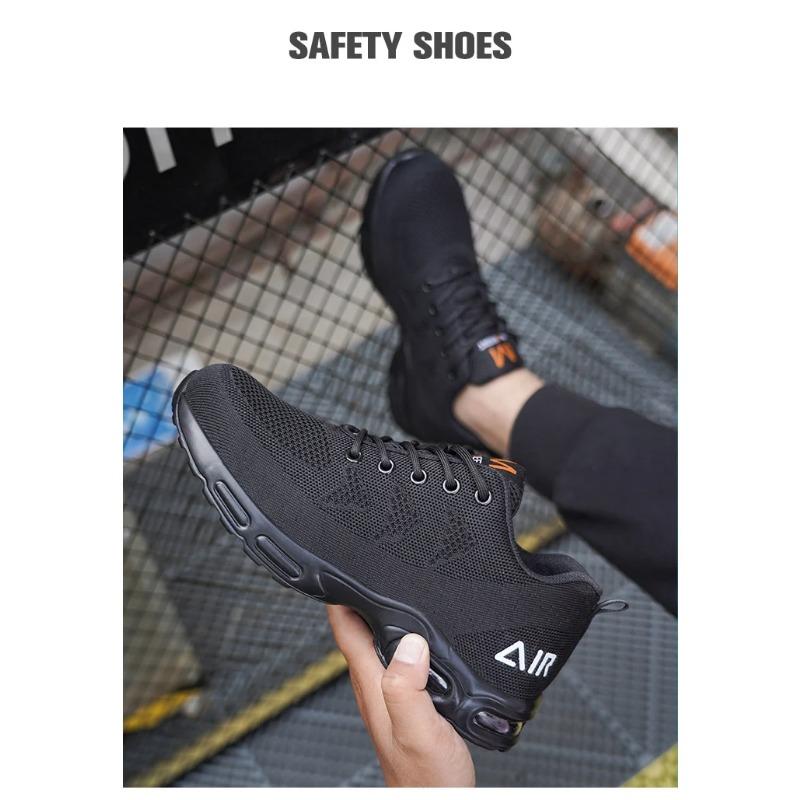 Work Safety Shoes For Men Women Air Cushion Breathable Work Sneakers Steel Toe Shoes Anti-puncture Safety Protective Black Shoes
