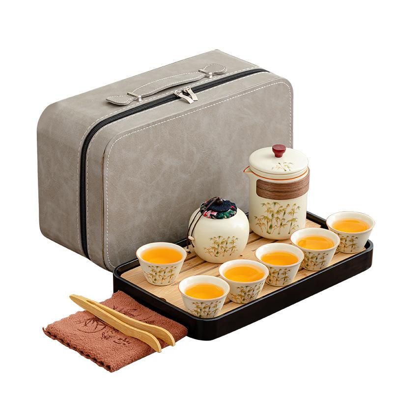 

High-end beige Ru kiln opening can raise teacups, ancient rhyme pots, travel tea sets, high-end sets, portable tea trays to make tea