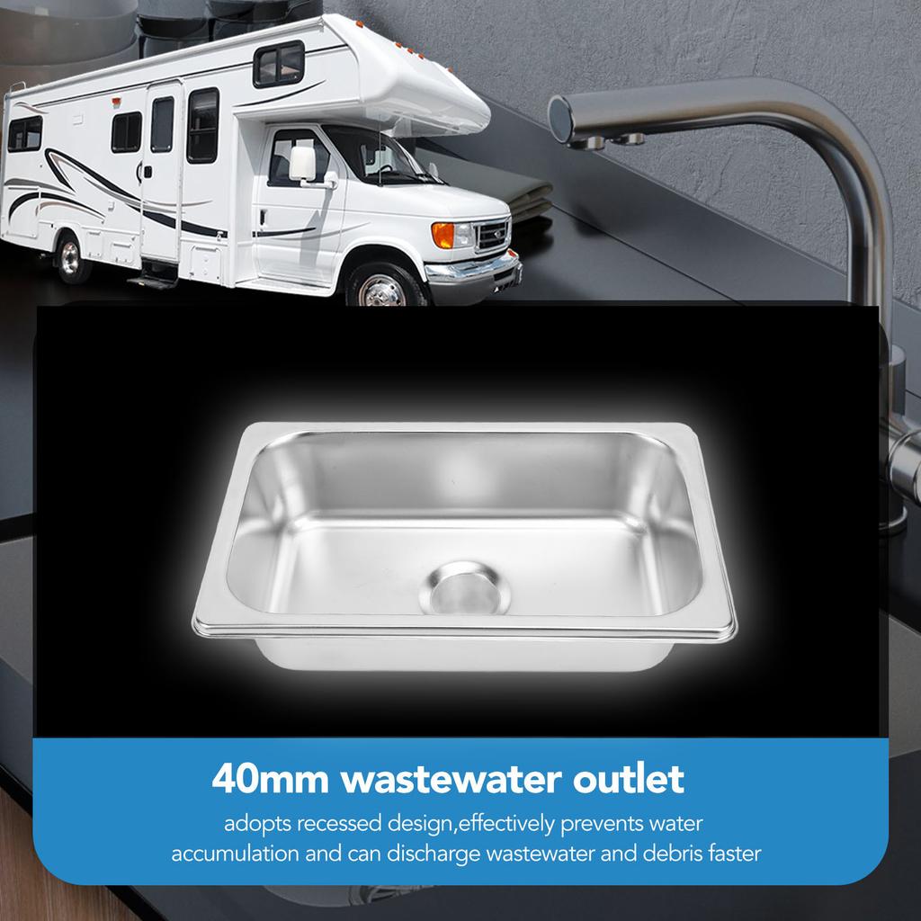 RV 304 Stainless Sink Kitchen Rectangular Hand Wash Basin Sink with 40mm Sewer Outlet for Boat Caravan Yachts Boats