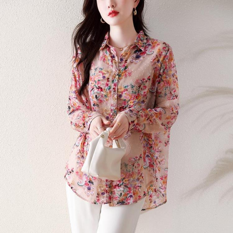 New Summer Plus Size Chiffon Blouse Women Loose Long Sleeve Casual Print Tops Fashion Shirt Tees