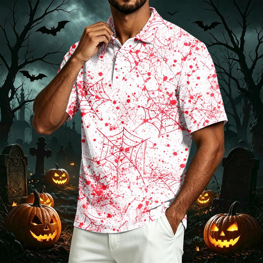 Men's Casual Lapel Lightweight Cotton Linen Breathable Short Sleeve Shirt with Halloween Pumpkin Print for Daily Wear