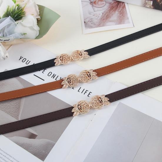 Women Belt Adjustable Imitation Leather Rose Pattern Buckle Waistband Dress Shirt Sweater Coat Accessory