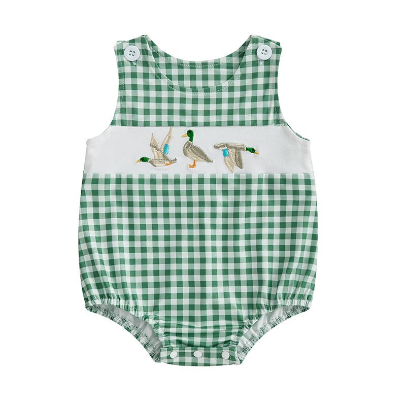 

Baby Boys Rompers Wild Duck Embroidery Plaid Round Neck Sleeveless Summer Clothes Newborn Infant Girls Jumpsuits Overalls 12-18M зелений