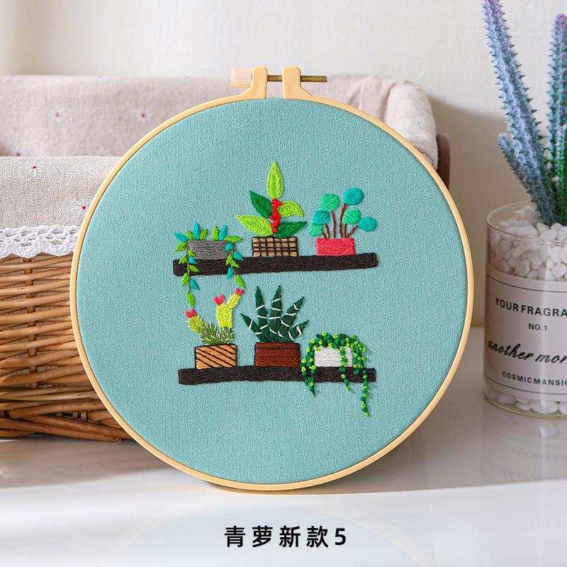 Pacote de Material para Bordado Artesanal DIY Estilo Europeu, Endro Verde Verde, Cesta Suspensa de Endro Verde, Flor de Cacto e Grama Conjunto de Agulha e Linha