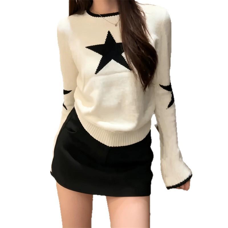 Black and white contrasting colors pentagram jacquard crew neck sweater women's autumn and winter new retro American soft waxy pullover knitted