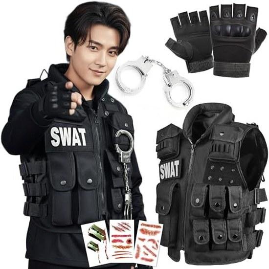 Chaleco táctico cosplay SWAT uniforme de Halloween militar equipo airsoft uniforme de combate evento unisex multi-bolsillo tamaño ajustable set completo de 6 piezas (táctico