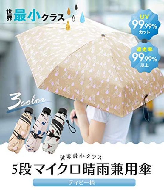 Smallest Class Folding Micro Parasol Teepee Pattern UV Umbrella for Both Sunny and Rainy Days World's 5-fold [99.99% Protection] Off-white