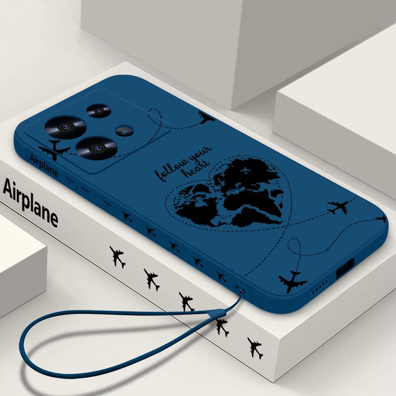 Airplane Heart Map Print Lanyard Case For Xiaomi 14T 13T 11T Pro Funda Redmi Note 14 13 Pro 5G 12 11 Soft TPU Silicone Cover