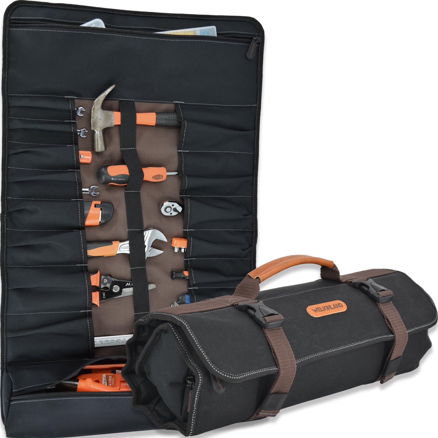 WELKINLAND 18-Pockets Waxed Canvas Tool Roll, Heavy-Duty tool bag roll, Waterproof tool roll up bag, 17  Canvas tool roll, Roll up tool bag, Tool