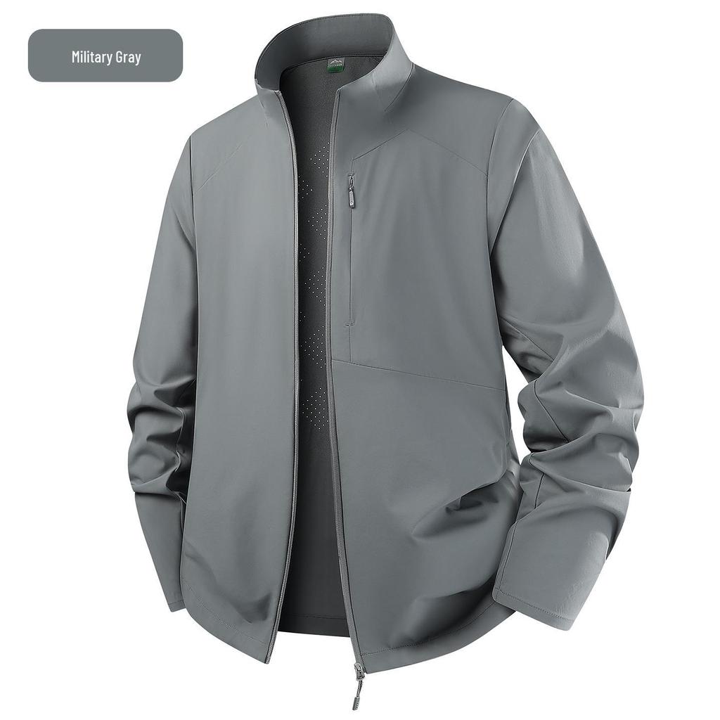 Men's Summer Ice Silk Sun Protection Jacket with Stand Collar and Two-Way Zipper – UV Protection, Elastic Fit.