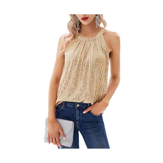 Women Vest Halter Neck Off Shoulder Sleeveless Tops Loose Fit Pure Color Sequin Decoration Party Tops Casual Daily Wear