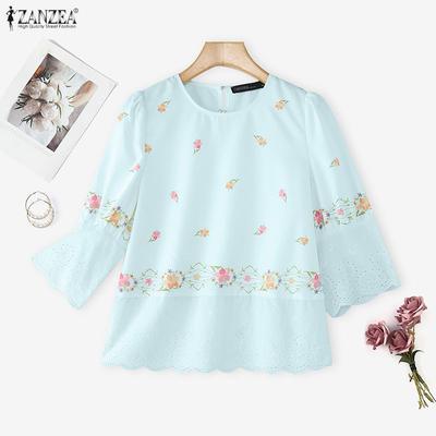 Women Round Neck 3/4 Sleeve Casual Floral Print Blouse