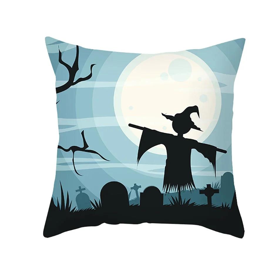 Home Decor Halloween Cushion Cover Skull Cat Scary Pumpkin Bat Castle Print Square Pillowcase Party x Funda de almohada