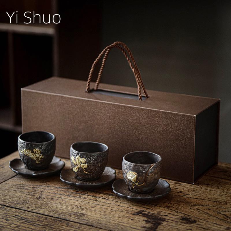 Gilt Small Teacup Ceramic Tea Set Coaster Single Cup Tasting Cup Tea Brewing Cup Gift Box Set for Gifting