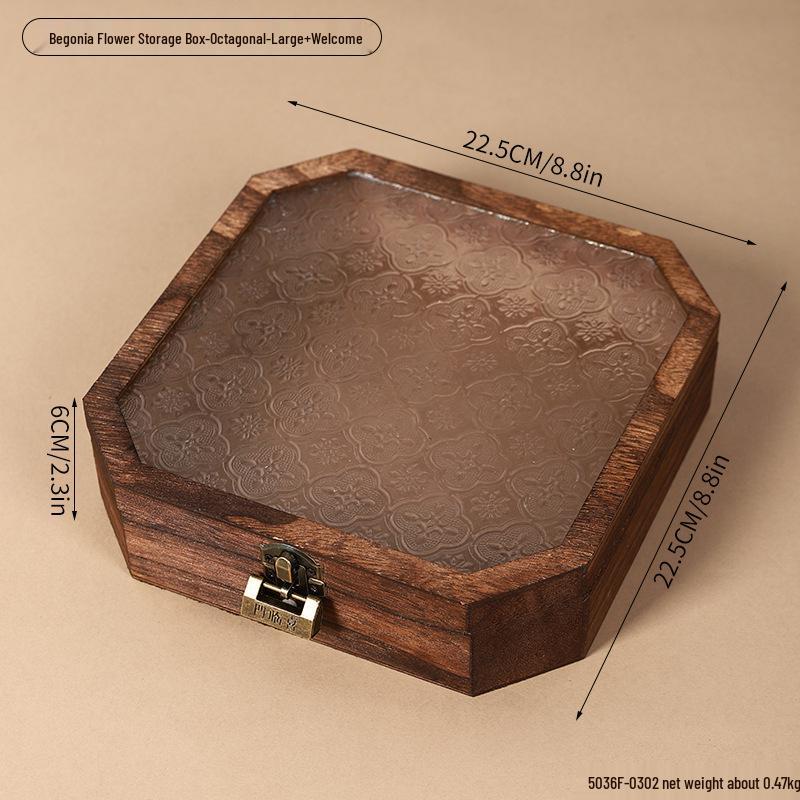 Retro Begonia Glass Lid Wooden Storage Box for Cosmetics, Snacks, Candy, and Documents - Dustproof and Multifunctional