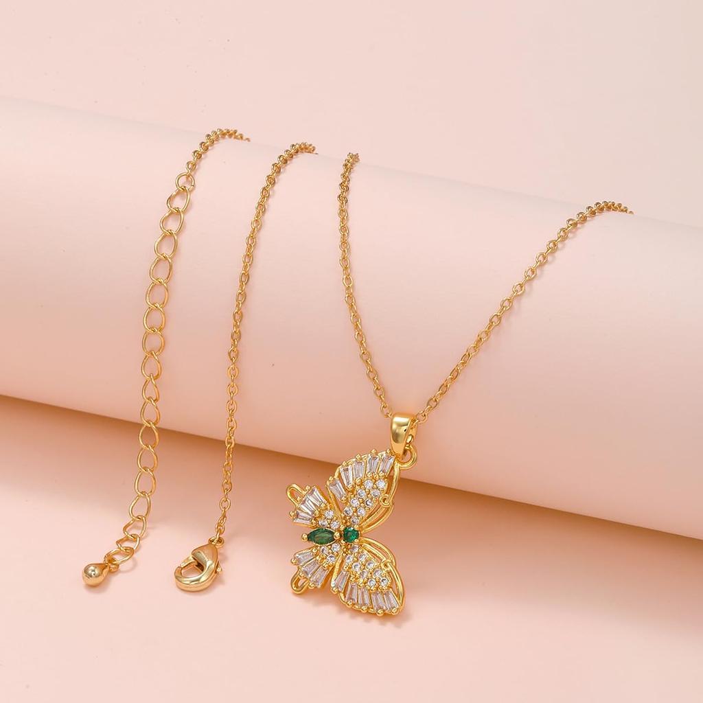 [Deelfel] Women's Gold Butterfly Necklace with Pink, Green, and Purple Colored Stones, Long Chain, Crystal, Fashion Jewelry, Wedding Gift (Black Zirco