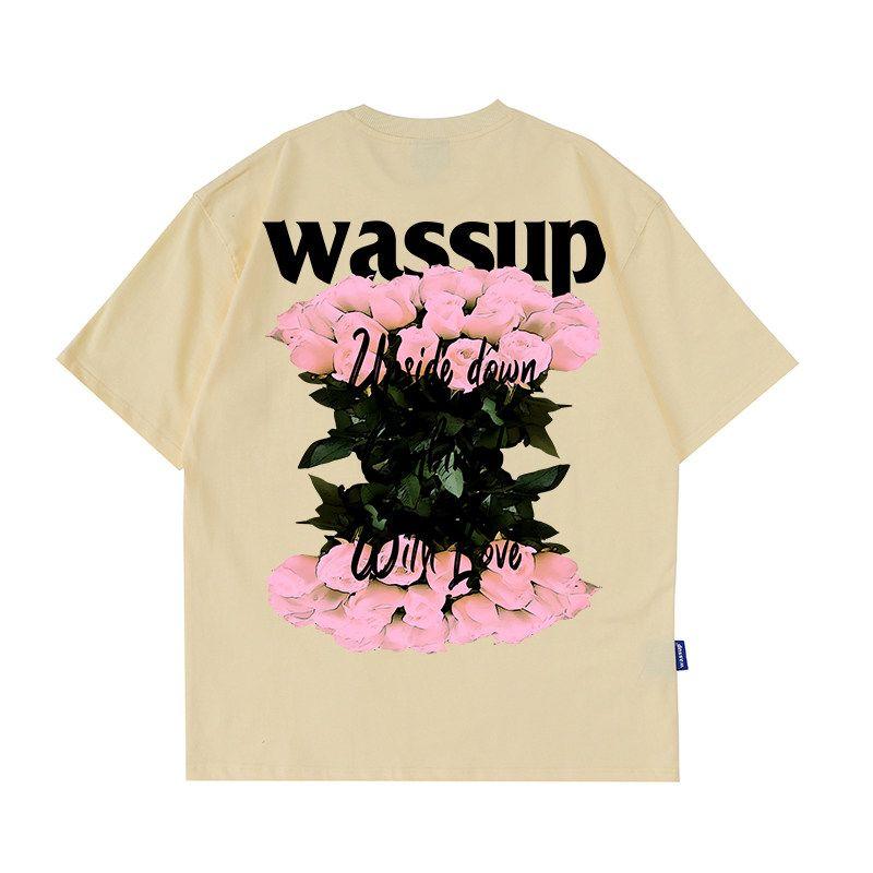 Wassup Rose Letter American Style Short-Sleeve T-Shirt for Men, Summer 24 New Heavyweight Street Couple T-Shirt Top