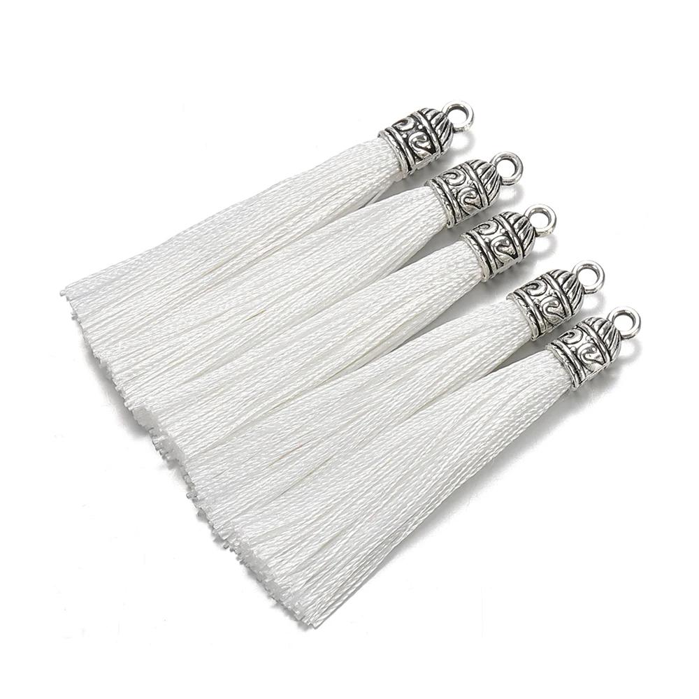 10Pcs 6cm Silk Tassel Charms Brush Tassels With Antique Silver Caps For DIY Jewelry Making Handmade Earrings Pendant 2035