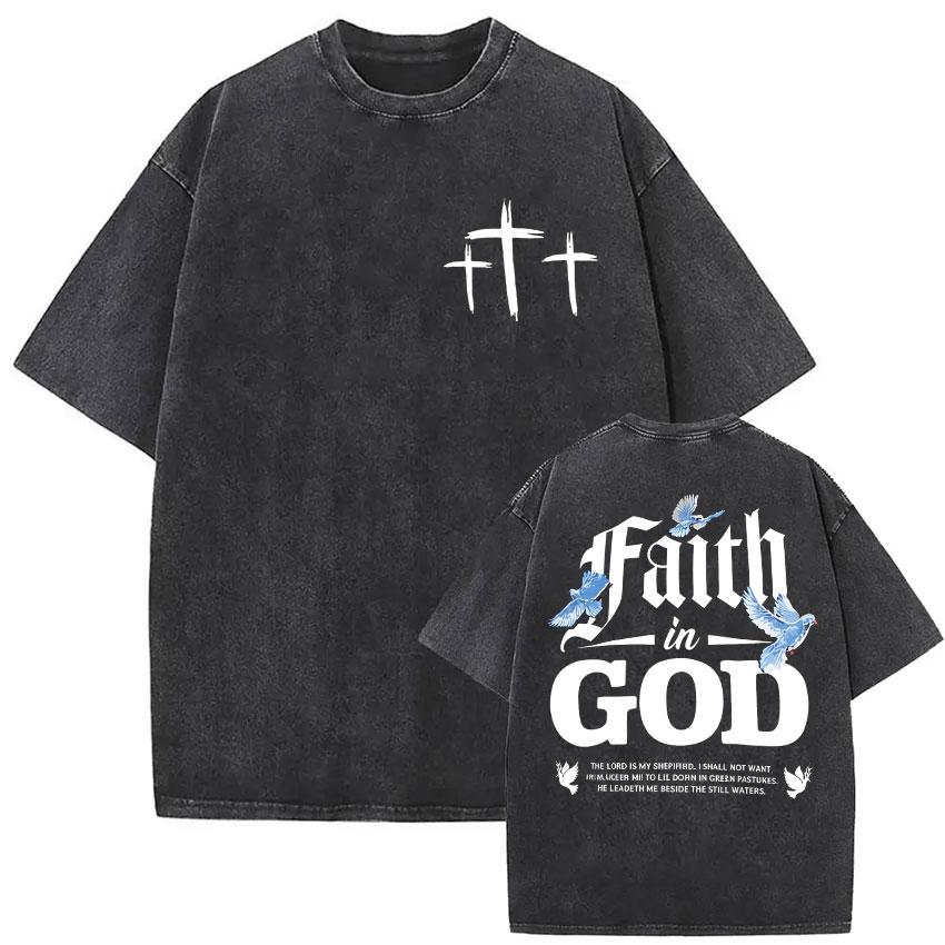 Vintage Washed Faith in God Christian Bible Verse Print T Shirts Men Womens Clothing Aesthetic Fashion Oversized Cotton Tshirt