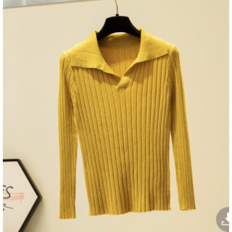 

Однотонный женский трикотажный свитер с длинным рукавом и лацканами, весенний новый облегающий топ-рубашка для ношения под низ One Size жёлтый