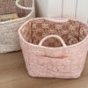 Floral Pattern Quilted Cotton Storage Basket Foldable Lightweight with Handles for Home Laundry Toy Organization