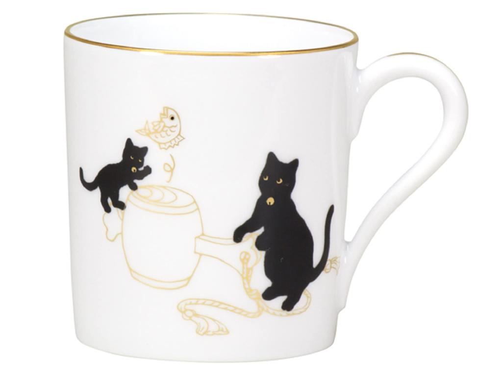 Okura Touen Black Cat and Child - Auspicious Tale - Mug #2 "Uchide no Kozuchi" (Lucky Mallet) Approx. 320cc Made in Japan 107C/5401-2