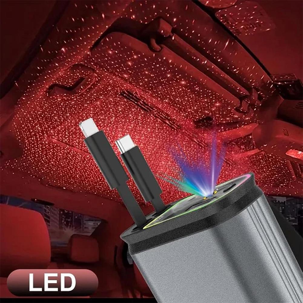 2024 Starry Sky LED Fast Car Charger with Retractable Cables - USB/Type-C/iOS Universal Compatibility