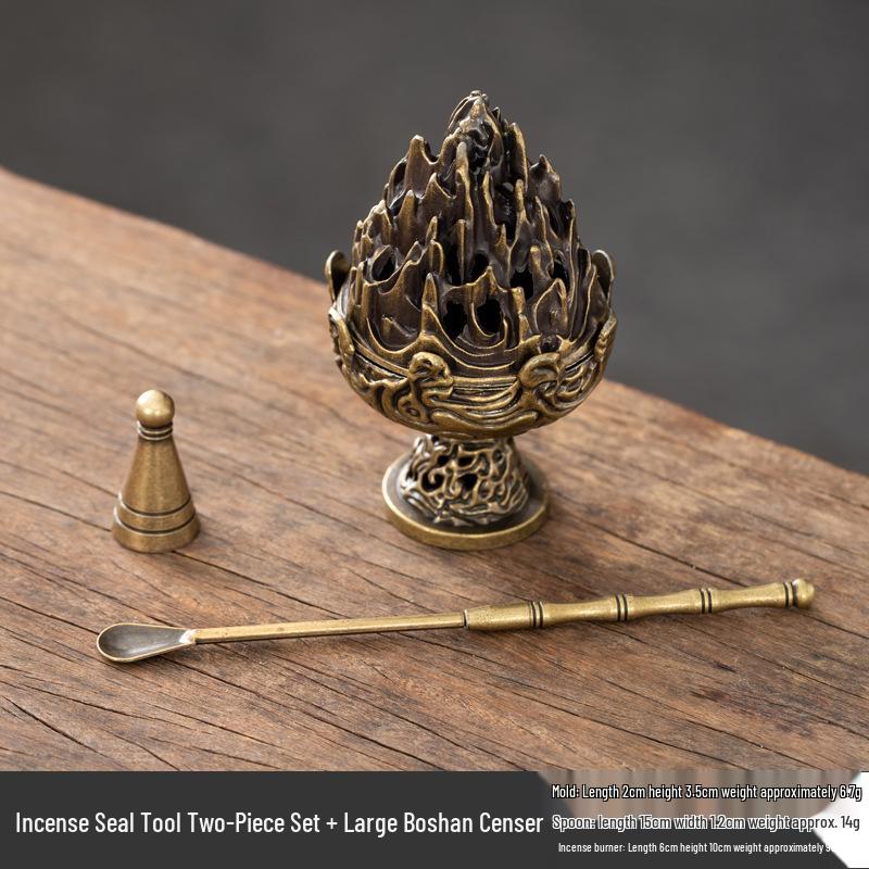 Retro Boshan Incense Burner Set: Incense Tower Mold, Seal, and Spoon for Ceremony - No Sticky Powder Sandalwood.