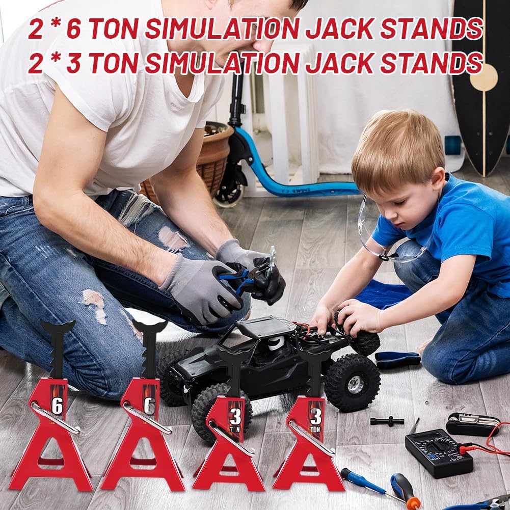 4pcs RC Car Scale Jack Stands, 1/10 RC Scale Decoration Metal Jack Stand High Simulation 6 Ton 3 Ton Cars Stands Rc Crawler Car Stands Model for D90