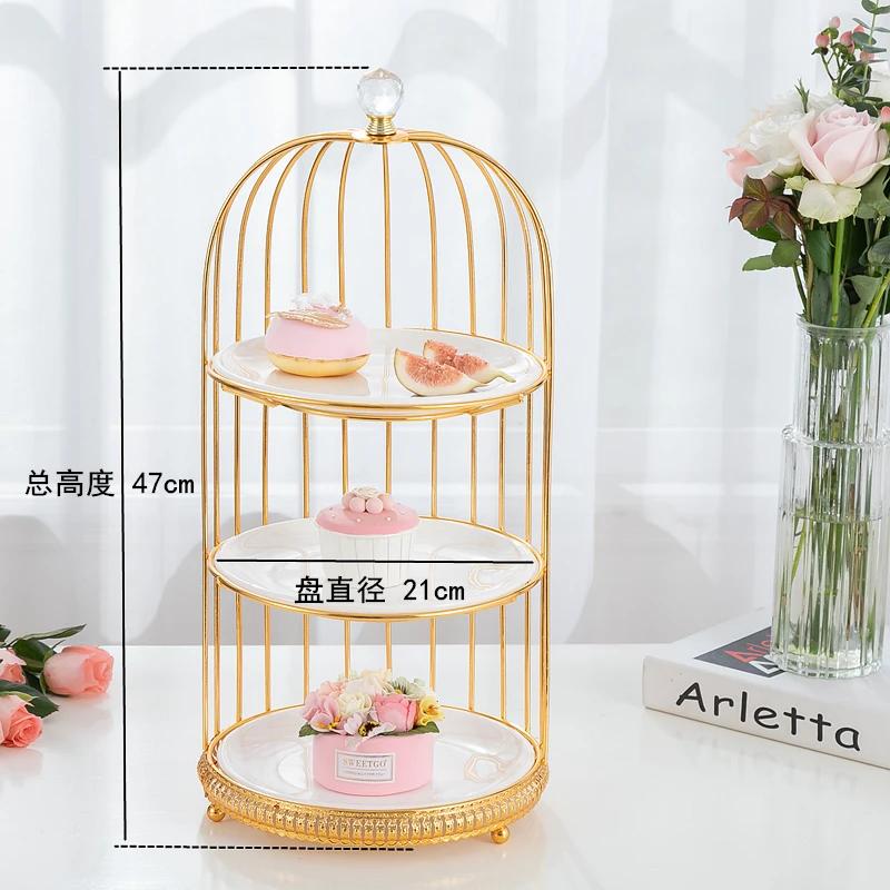 Birdcage Cake Stand Two Floors Three Floors Ceramic Plate Golden Silver Metal Snack Rack Dessert Cake Pastry Tray Display Stand
