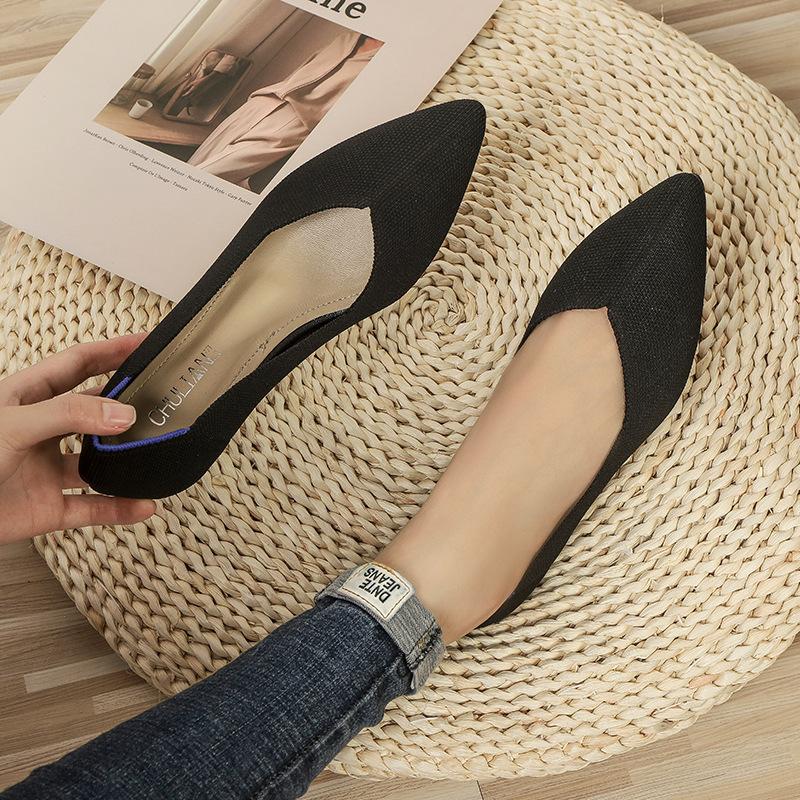 Pointed Fly-woven Shoes Flat-bottomed Breathable Woven Boat Shoes Leopard Print Light Mouth Striped Single Shoes Women