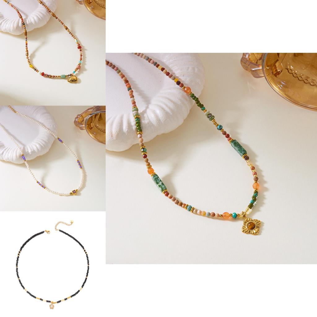 Sunflower Pendant Necklace In Stainless Steel With Natural Turquoise Stones For Summer Fashion