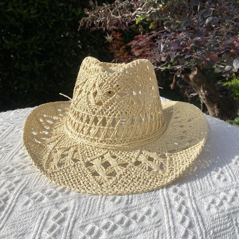 

Straw Western Cowboy Hat for Women Men Classic Vintage Hollow Out Unisex Curled Wide Brim Sun Hat Fishing Hat Climbing Cap 55-58CM молоко, білий колір