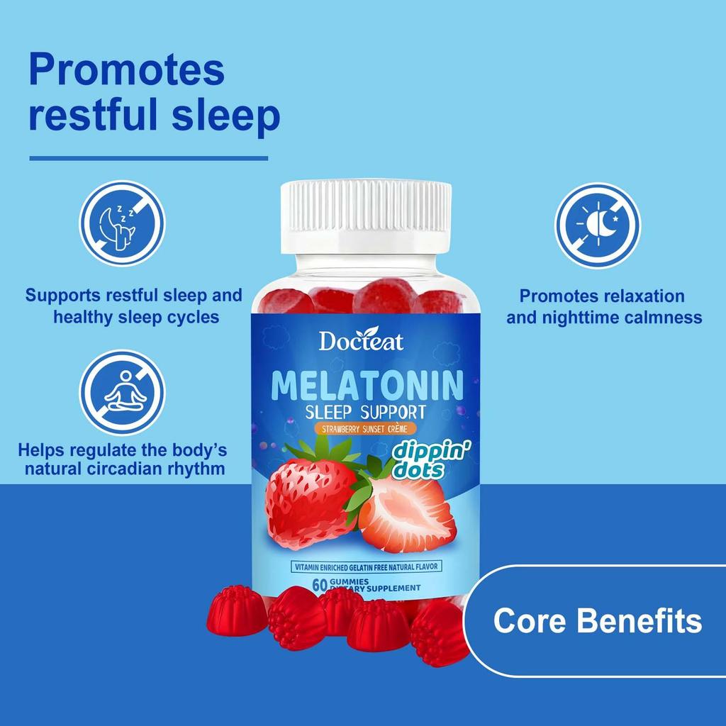 Docteat Melatonin Sleep Support Gummies – Dippin' Dots Strawberry Sunset Crème Flavor, Natural Sleep Aid Supplement (60 Gummies)