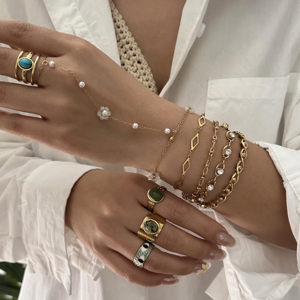 Stainless Steel Crystal Flower Hand Chain Ring Bracelet for Women Gold Plated Beads Adjustable Bracelets Party Wedding Jewelry