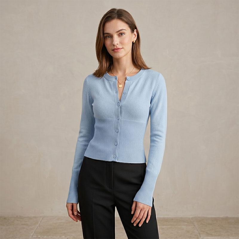 Women Soft Fine Knit Slim Cardigan, Long Sleeve Button Up Crew Neck Sweater Top For Autumn Winter