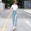 Lace Patchwork Plus Size Vintage Floral High Waist Casual Loose Women Summer Jeans Denim Wide Leg Pants