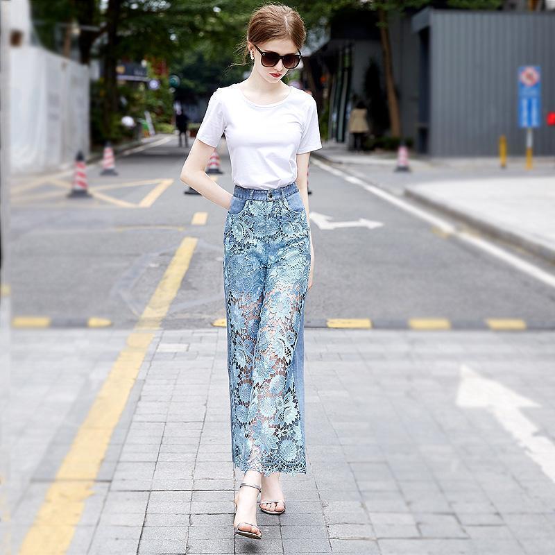 Lace Patchwork Plus Size Vintage Floral High Waist Casual Loose Women Summer Jeans Denim Wide Leg Pants