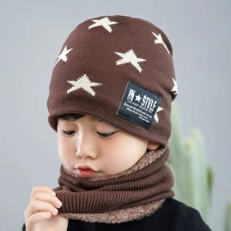 (TAGLIA)Cappelli invernali caldi lavorati a maglia con colori a contrasto in pile per set di due pezzi cappello + sciarpa per bambini