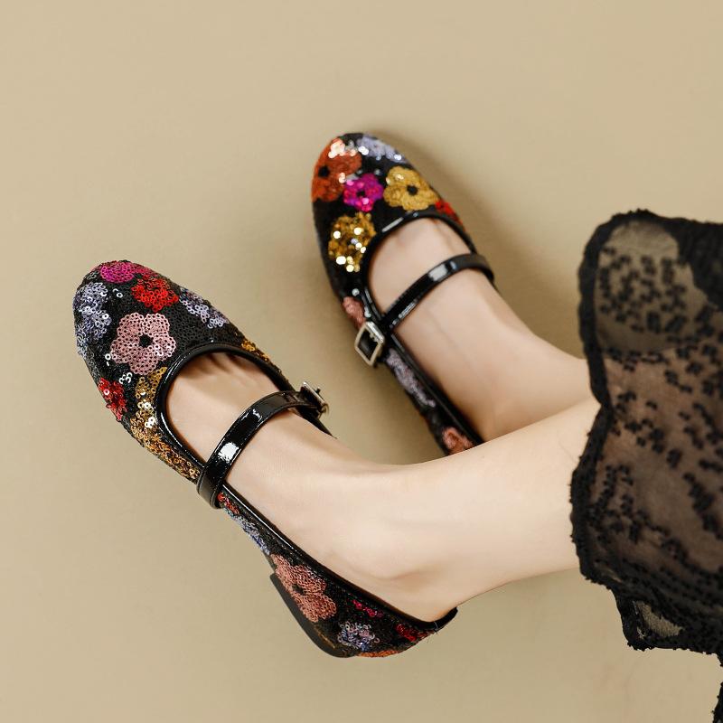 Fashion Designer Paillette Flower Ballets Shoes Ladies Belt Buckle Mary Janes Woman Soft Soled Flats Loafers Traf Gold Ballerinas Femme