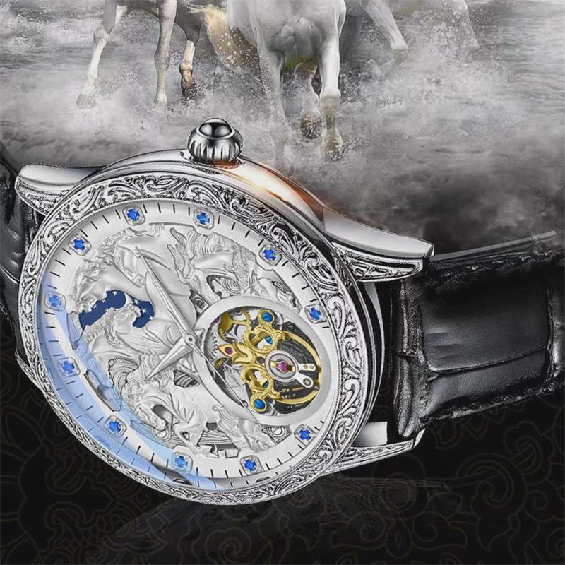 Men Fashion Design Horse Watches Leather Strap Automatic Mechanical Watches Men Luxury Tourbillon Wristwatches