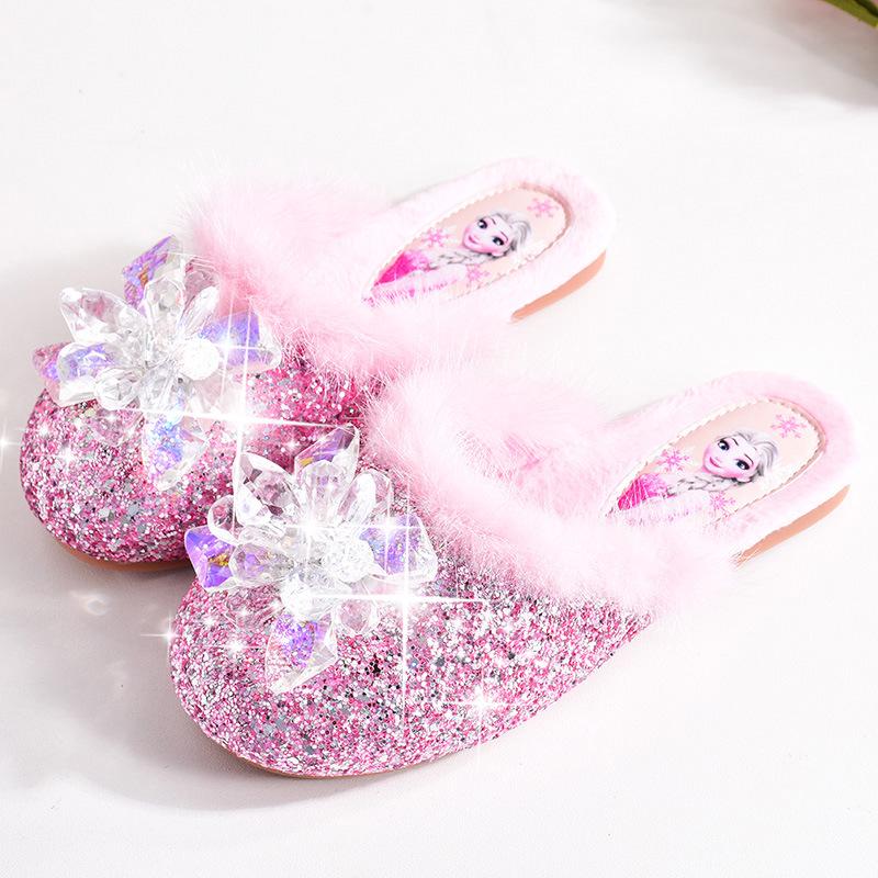 Elsa Winter Plüsch Prinzessin Baumwoll Hausschuhe für Mädchen – Rutschfest, Geschlossene Zehen, Warme Komfortschuhe