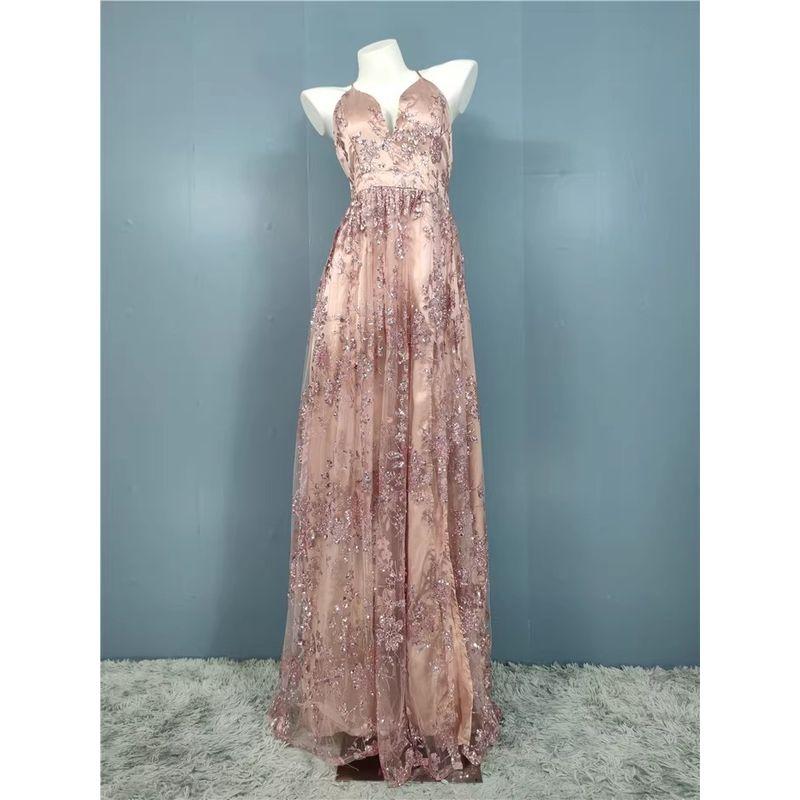 Export Single Sling Heavy Industry Shimmering Powder Sequins V Neck Classy Annual Meeting Host Banquet Birthday Party Evening Long Dress