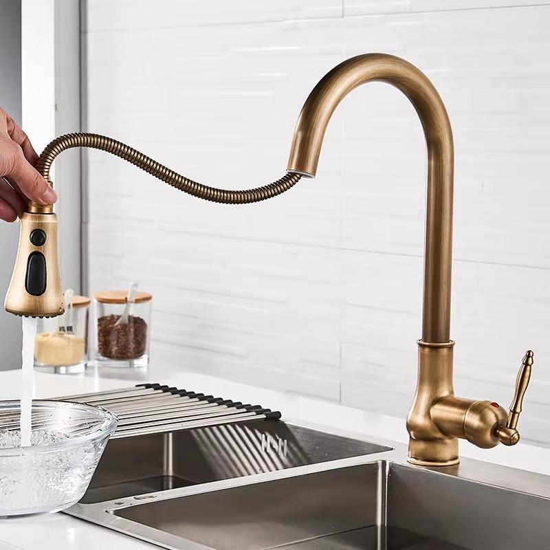 Antique Brass Kitchen Faucet Pull Out Spout Kitchen Faucets Black Single Hole Swivel Hot Cold Water Kitchen Mixer Tap Black