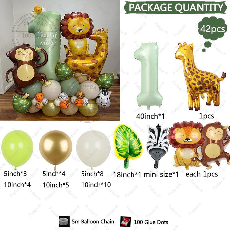 

42pcs/set 40inch Olive Green Number Animal Lion Balloons Set Wild Jungle Safari 1 2 3 4 5 6 7 8 9 Year Birthday Party Decoration As picture