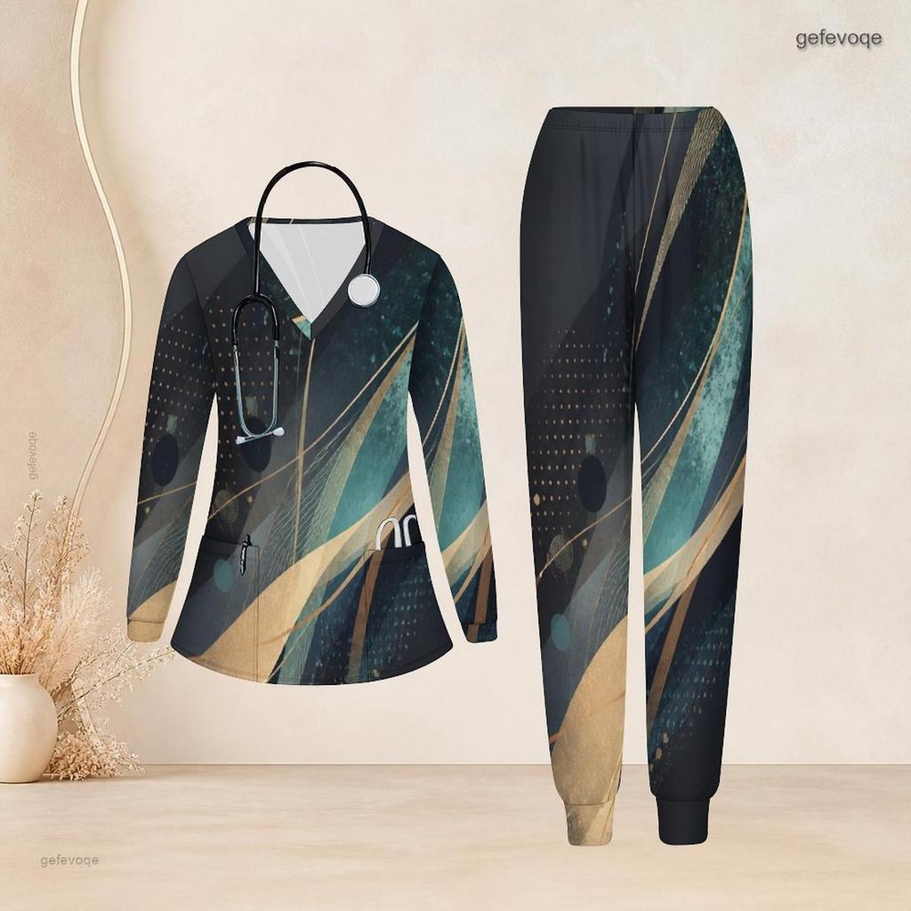 Women Plus Size Nurse Scrub Set V Neck Long Sleeve Colorful Splash Print Two Piece Outfit With Pockets