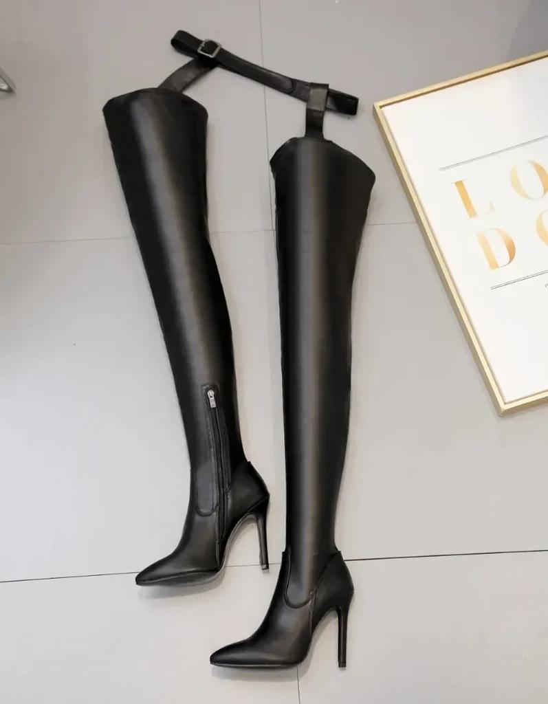 Fashion Sexy/Club Long Thigh High Women Boots Genuine Leather Pointed Buckle Belt Thin High Heel Over-the-knee Jumpsuit Boot Shoe