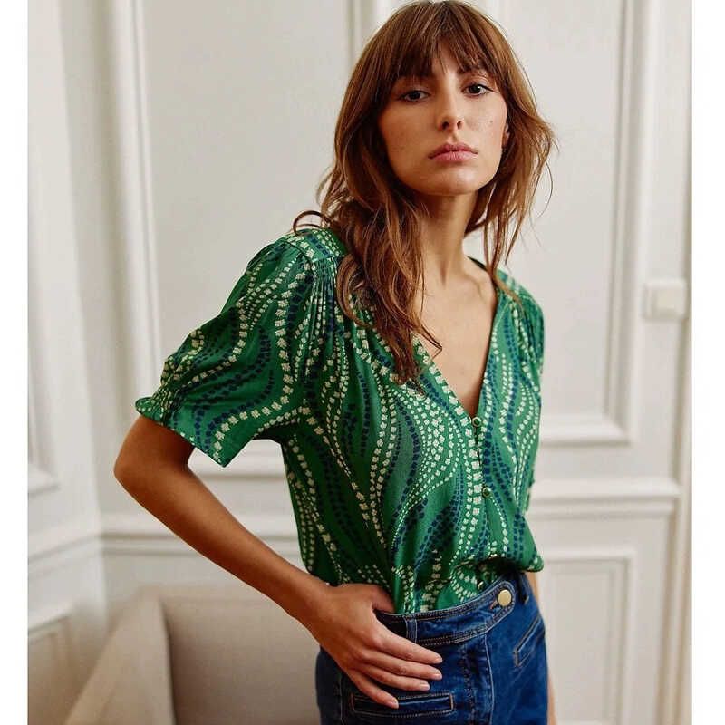 

French Style Elegance Work Clothing Chiffon Print Small Floral V-neck Half Sleeves Tops Shirt Women s 2025 Summer New Arrival Shirt Green M